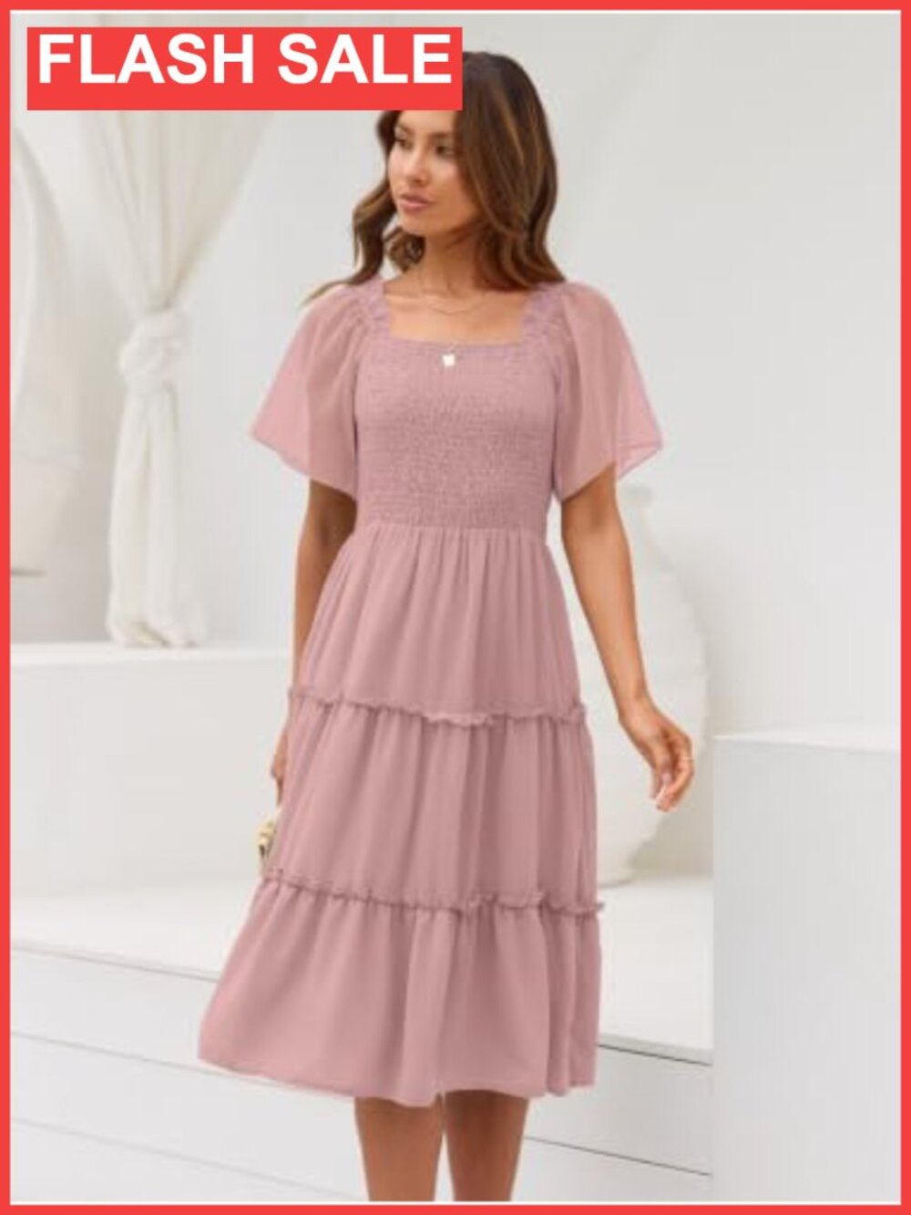 Women Tiered Flutter Sleeve Square Neck Smocked Midi Dress - Picture 4 of 5